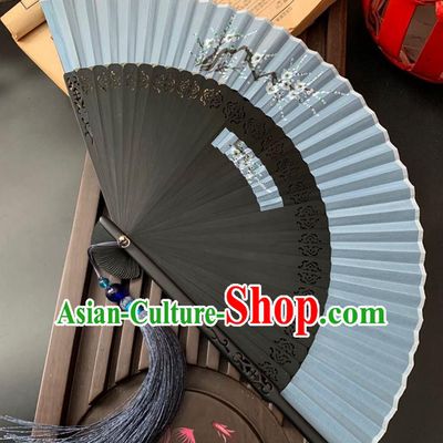 Chinese Handmade Hollowed Bamboo Fan Classical Dance Grey Silk Accordion Printing Plum Blossom Folding Fan