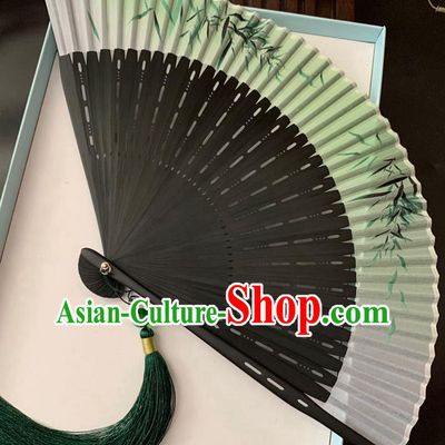 Chinese Handmade Hollowed Fan Classical Dance Green Silk Accordion Printing Bamboo Leaf Folding Fan