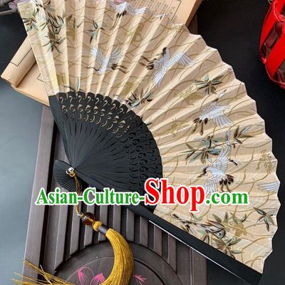 Japan Handmade Bamboo Fan Classical Dance Beige Silk Accordion Printing Cranes Folding Fan
