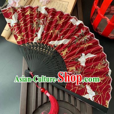 Japan Classical Dance Red Silk Accordion Printing Cranes Folding Fan Handmade Bamboo Fan