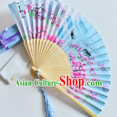 Handmade Chinese Accordion Blue Silk Fans Printing Peach Blossom Folding Fan