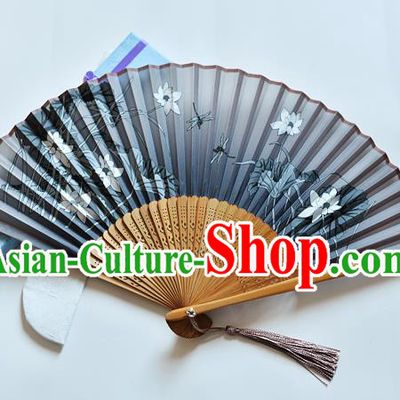 Handmade Chinese Printing Lotus Dragonfly Folding Fan Grey Silk Fans Classical Dance Accordion