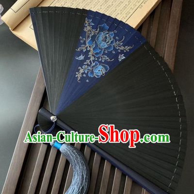 Chinese Craft Classical Dance Accordion Handmade Bamboo Fan Printing Blue Peony Folding Fan