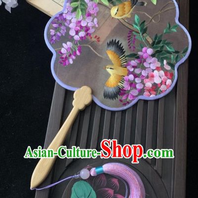 China Classical Embroidered Wisteria Fan Ancient Princess Palace Fan Handmade Traditional Hanfu Silk Fan