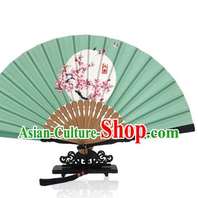 Handmade Chinese Printing Twenty Four Solar Terms Folding Fan Green Silk Fans Classical Dance The Beginning of Spring Accordion