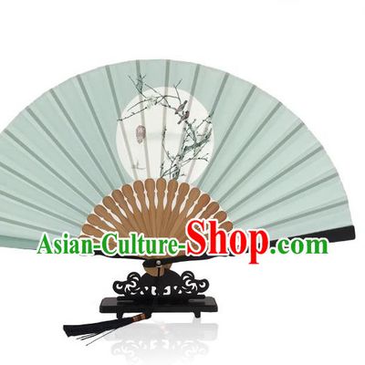 Handmade Chinese Classical Dance Rain Water Accordion Printing Twenty Four Solar Terms Folding Fan Green Silk Fans