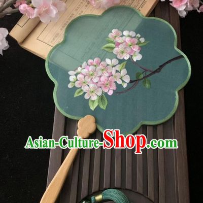 China Classical Embroidered Peach Blossom Fan Handmade Palace Fan Traditional Hanfu Green Silk Fan