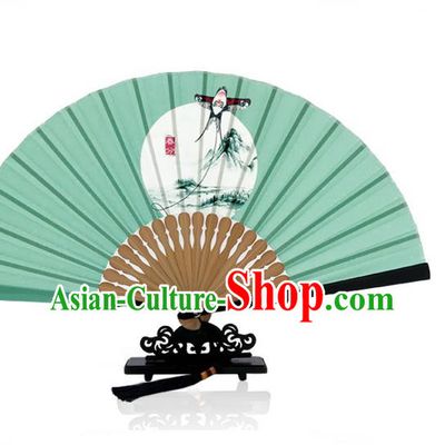 Handmade the Spring Equinox Accordion Chinese Printing Twenty Four Solar Terms Folding Fan Classical Dance Green Silk Fan