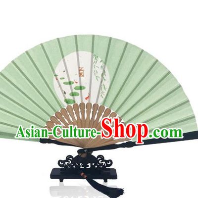 Handmade the Beginning of Summer Accordion Chinese Printing Twenty Four Solar Terms Folding Fan Classical Dance Green Silk Fan
