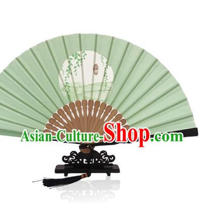 Handmade Grain Full Accordion Chinese Printing Twenty Four Solar Terms Folding Fan Light Green Silk Fan