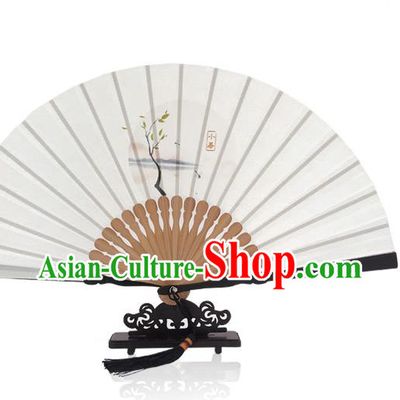 Handmade Slight Heat Accordion Chinese Printing Twenty Four Solar Terms Folding Fan White Silk Fan