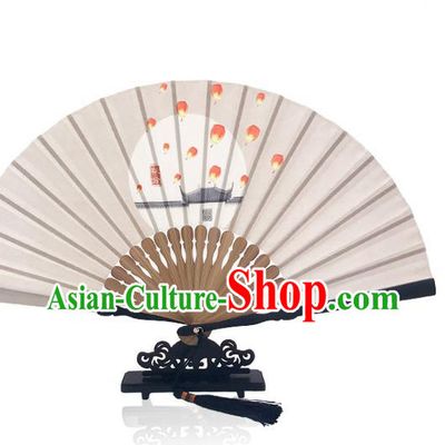 Chinese Sky Lantern Silk Fan Printing Twenty Four Solar Terms Folding Fan Handmade the Autumnal Equinox Accordion