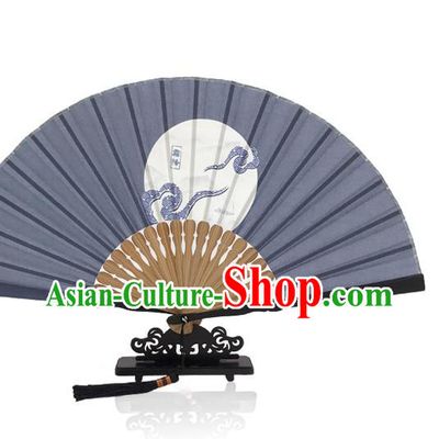 Chinese Navy Silk Fan Printing Twenty Four Solar Terms Folding Fan Handmade Frost Descent Accordion