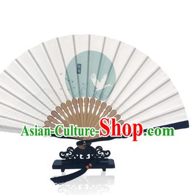 Chinese Crane Silk Fan Printing Twenty Four Solar Terms Folding Fan Handmade Cold Dew Accordion
