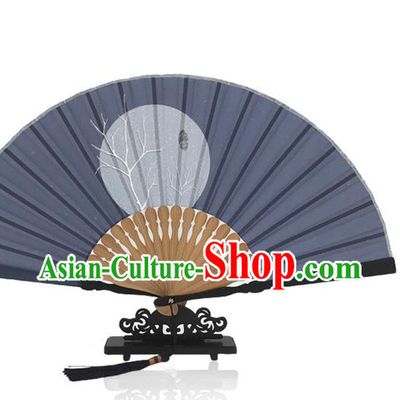 Chinese Printing Twenty Four Solar Terms Folding Fan Navy Silk Fan Handmade Slight Snow Accordion