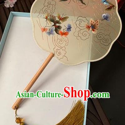 China Handmade Fan Classical Dance Apricot Silk Fan Traditional Double Side Embroidered Butterfly Palace Fan