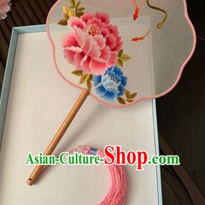 China Classical Dance Fan Traditional Double Side Embroidered Peony Palace Fan Handmade Silk Fan