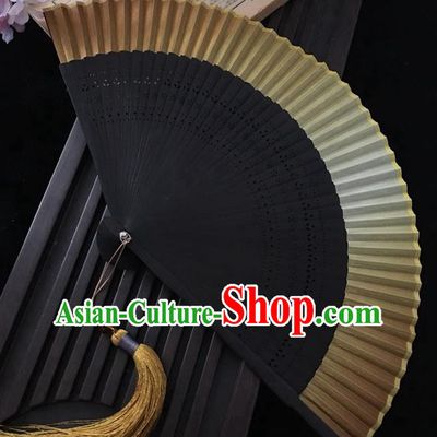 Chinese Black Bamboo Fan Handmade Accordion Golden Silk Folding Fan