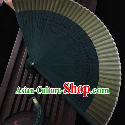 Chinese Handmade Accordion Classical Silk Folding Fan Green Bamboo Fan