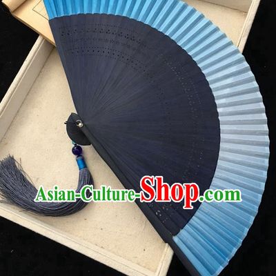 Chinese Blue Bamboo Fan Handmade Accordion Classical Silk Folding Fan