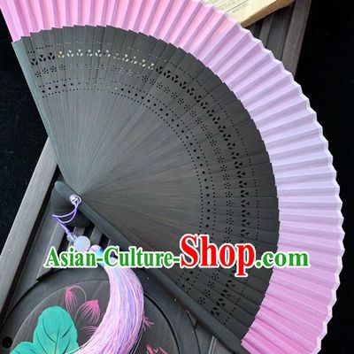 Chinese Handmade Dance Accordion Classical Pink Silk Folding Fan Bamboo Fan