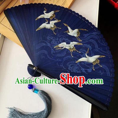 Chinese Handmade Printing Clolud Cranes Accordion Classical Folding Fan Navy Blue Bamboo Fan