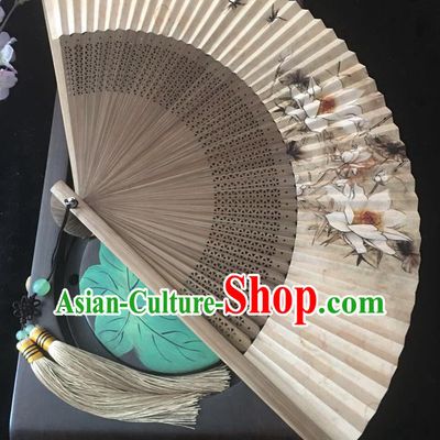 Chinese Handmade Painting Lotus Folding Fan Classical Paper Accordion Brown Bamboo Fan