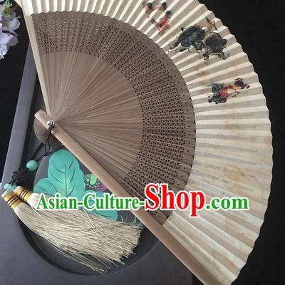 Chinese Brown Bamboo Fan Handmade Painting Shepherd Boy Folding Fan Classical Paper Accordion