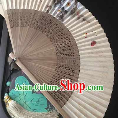 Chinese Classical Paper Accordion Brown Bamboo Fan Handmade Painting Peony Butterfly Folding Fan