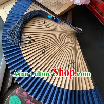 Chinese Handmade Royalblue Folding Fan Classical Silk Accordion Bamboo Fan