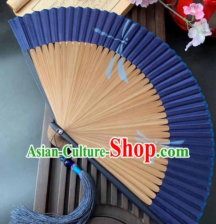 Chinese Handmade Royalblue Folding Fan Classical Silk Accordion Bamboo Fan