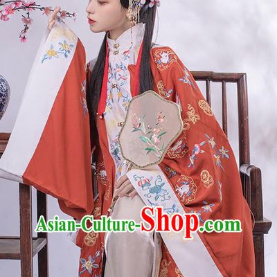 Traditional China Ancient Court Beauty Red Hanfu Dress Embroidered Apparels Ming Dynasty Patrician Lady Historical Clothing