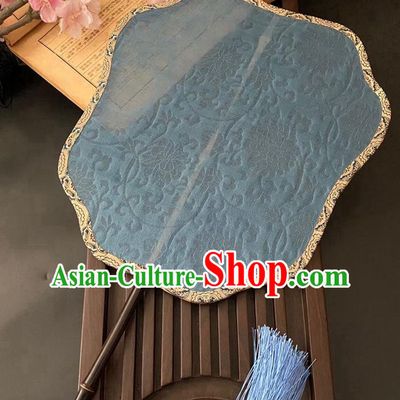 China Handmade Jacquard Peony Blue Silk Fan Traditional Ancient Song Dynasty Palace Fan Classical Hanfu Fan