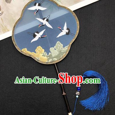 China Traditional Hanfu Fan Classical Dance Fan Handmade Embroidered Cranes Palace Fan Ancient Princess Blue Silk Fan