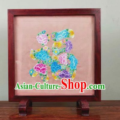 Chinese Embroidered Peony Table Screen Embroidery Silk Craft Handmade Rosewood Ornament
