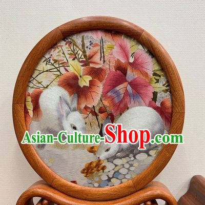 Chinese Traditional Silk Craft Handmade Suzhou Embroidery Rabbit Palisander Ornament Embroidered Table Screen