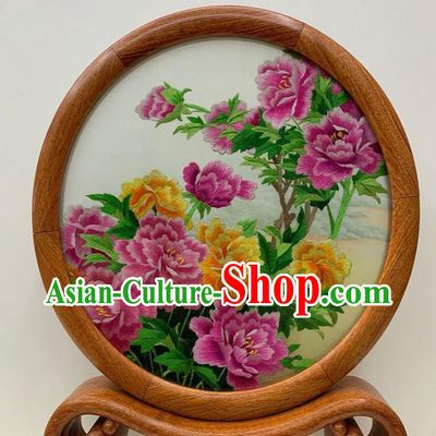 Chinese Traditional Embroidery Peony Desk Decoration Suzhou Embroidered Table Screen Handmade Palisander Craft