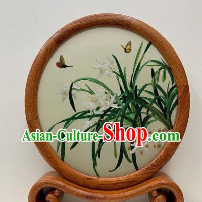 Chinese Traditional Embroidery Double Side Desk Decoration Handmade Palisander Craft Embroidered Orchids Table Screen