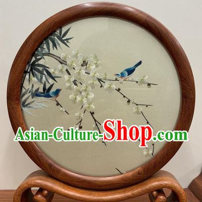 Chinese Traditional Embroidery Double Side Craft Embroidered Plum Blossom Table Screen Handmade Palisander Desk Decoration