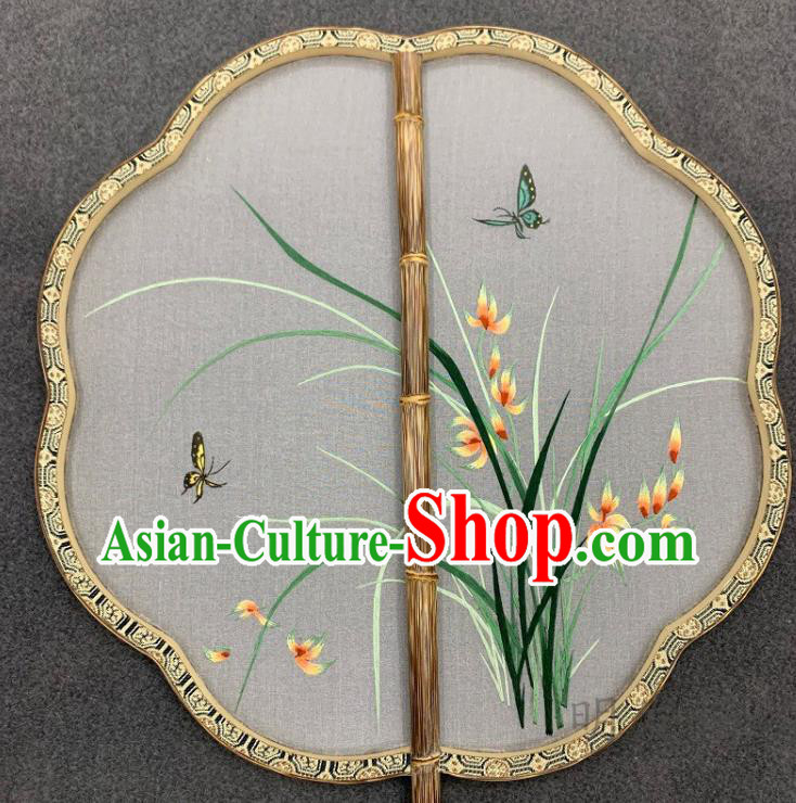 China Traditional Embroidery Orchids Silk Fan Classical Hanfu Bamboo Fan Handmade Embroidered Palace Fan China Traditional Embroidery Orchids Silk Fan Classical Hanfu Bamboo Fan Handmade Embroidered Palace Fan