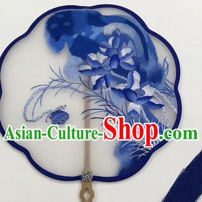 China Handmade Embroidered Blue Lotus Palace Fan Traditional Double Side Embroidery Silk Fan Classical Hanfu Fan