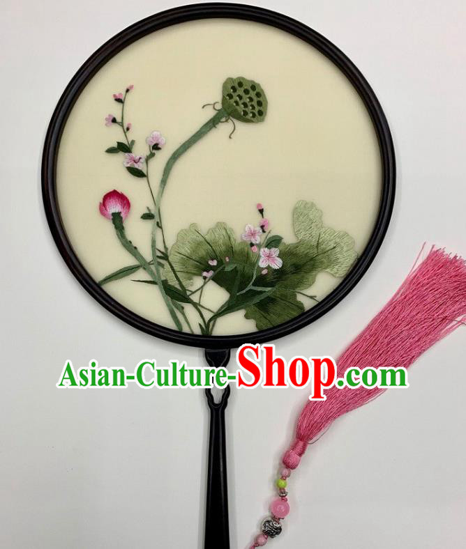 China Handmade Circular Fan Beige Silk Fan Double Side Embroidery Lotus Palace Fan China Handmade Circular Fan Beige Silk Fan Double Side Embroidery Lotus Palace Fan