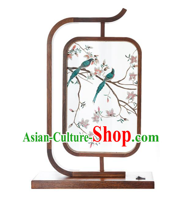 Chinese Embroidered Desk Lamp Traditional Hunan Embroidery Mangnolia Birds Table Screen Handmade Merbau Craft Chinese Embroidered Desk Lamp Traditional Hunan Embroidery Mangnolia Birds Table Screen Handmade Merbau Craft