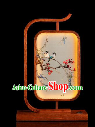 Chinese Handmade Merbau Craft Traditional Hunan Embroidery Plum Birds Table Screen Embroidered Desk Lamp Chinese Handmade Merbau Craft Traditional Hunan Embroidery Plum Birds Table Screen Embroidered Desk Lamp