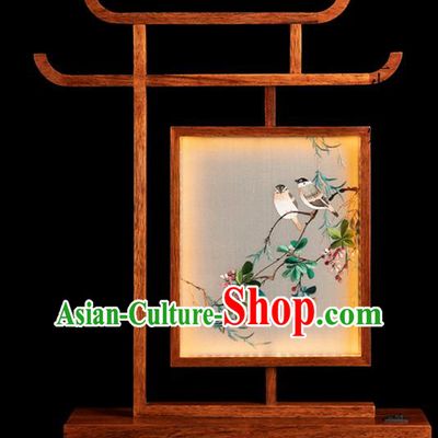 Chinese Traditional Hunan Embroidery Begonia Table Screen Double Side Embroidered Desk Lamp Handmade Merbau Craft