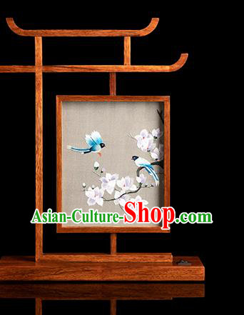 Chinese Handmade Merbau Desk Lamp Traditional Hunan Embroidery Mangnolia Table Screen