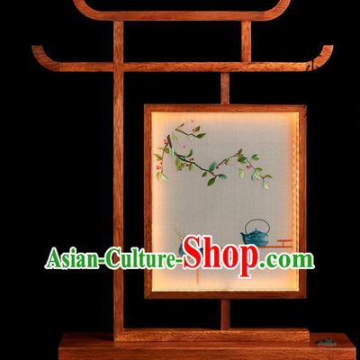 Chinese Traditional Hunan Embroidery Table Screen Handmade Merbau Desk Lamp