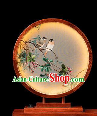 Chinese Traditional Hunan Embroidery Begonia Table Screen Handmade Merbau Circular Desk Lamp Chinese Traditional Hunan Embroidery Begonia Table Screen Handmade Merbau Circular Desk Lamp