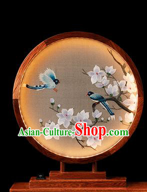 Chinese Handmade Merbau Circular Desk Lamp Traditional Hunan Embroidery Mangnolia Table Screen Chinese Handmade Merbau Circular Desk Lamp Traditional Hunan Embroidery Mangnolia Table Screen