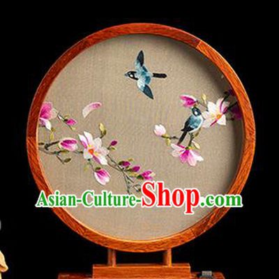 Chinese Traditional Hunan Embroidery Purple Mangnolia Table Screen Handmade Merbau Circular Desk Lamp Ornament